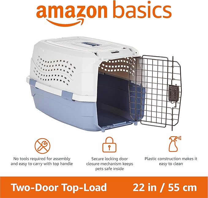 Amazon Basics 2-Door Top-Load Hard-Sided Dogs, Cats Pet Travel Carrier, Gray &amp; Blue, 22.8"L x 15.0"W x 13.0"H