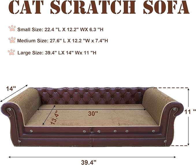 Scratching Sofa, Couch Shaped Thick Scratching Cardboard, Lounge Bed for Indoor Rest&amp;Play, Sofa Scratcher Pad (Brown, 39.4" L X 14" W X 11" H)