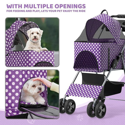 Magshion Foldable Pet Stroller, 3-in-1 Dog Travel Jogger with Detachable Carrier, Cup Holder, Storage Basket, Folding Carrier for Small/Medium Dogs &amp; Cats Up to 33 lbs, Purple Polka Dots