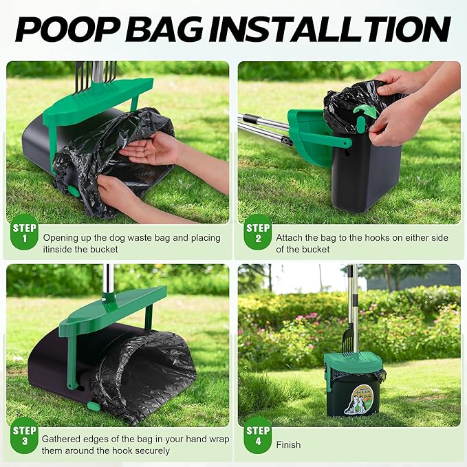 UPSKY Dog Pooper Scooper Swivel Bin &amp; Rake Kit with 100 Waste Bags,33.4" Stainless Steel Long Handle Heavy Duty Pet Poop Shovel for Large Medium Small Dogs, Odor-Proof Lid for Yard/Lawn/Outdoor Use