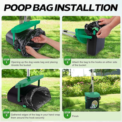 UPSKY Dog Pooper Scooper Swivel Bin &amp; Rake Kit with 100 Waste Bags,33.4" Stainless Steel Long Handle Heavy Duty Pet Poop Shovel for Large Medium Small Dogs, Odor-Proof Lid for Yard/Lawn/Outdoor Use