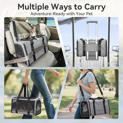 PETSFIT Soft-Sided Cat Carriers &amp; Car Seats with Patent Safe Buckles, Clip-On Harness，18"x11"x11" Airline Approved Pet Carrier - 9 lbs Capacity,Grey