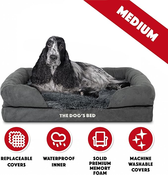 The Dog’s Bed, Medium Grey Faux Fur 30x23.5, Memory Foam, Pain Relief: Arthritis, Hip &amp; Elbow Dysplasia, Post Surgery, Lameness, Supportive, Calming, Washable Cover, Veterinary Approved