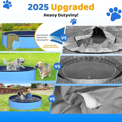 63" x 12" Foldable Dog Pool - Collapsible Hard Plastic Kiddie Pool for Dogs &amp; Kids, Non-Slip Pet Bath Tub for Outdoor Backyard Use, Lightweight &amp; Portable (Blue)