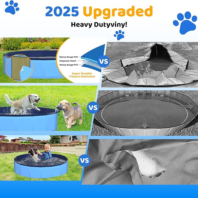 48" x 12" Foldable Dog Pool - Collapsible Hard Plastic Kiddie Pool for Dogs &amp; Kids, Non-Slip Pet Bath Tub for Outdoor Backyard Use, Lightweight &amp; Portable (Blue)