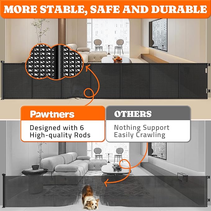 Pawtners Retractable Baby Gates Extra Wide, 41" Tall Extends up to 120" Wide, Dog Gate Indoor for Stairs, Pet Gate with Support Rods for Doorways Hallways Indoor &amp; Outdoor-Black