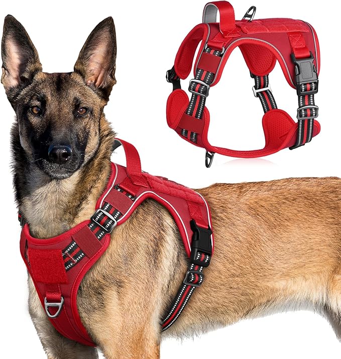 rabbitgoo Tactical Dog Harness for Large Dogs, No Pull Military Service Vest with Handle &amp; Molle, Easy Control for Training Walking, Adjustable Reflective Straps, Red, XL