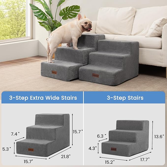 Dog Stairs for Small Dogs &amp; Cats,3-Step Extra Wide Non-Slip Pet Steps for Couch Sofa and Chair,Grey,15.7" H