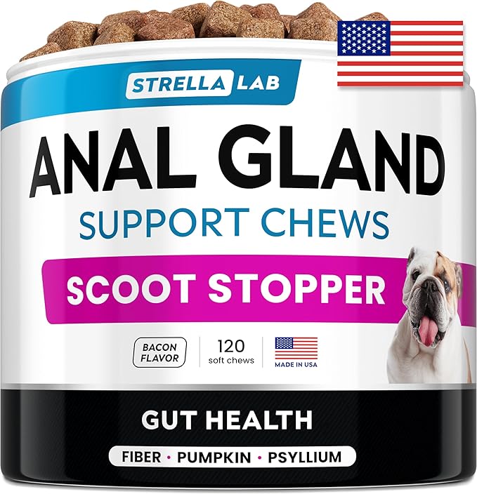 STRELLALAB Anal Gland Support Chews - Scoot Treatment - Digestive Enzymes, Prebiotics &amp; Fiber Supplement for Dogs Digestion &amp; Gut Health. Proprietary Blend of Beet, Psyllium, Dandelion &amp; Pumpkin 120Ct