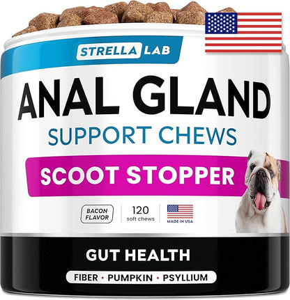 STRELLALAB Anal Gland Support Chews - Scoot Treatment - Digestive Enzymes, Prebiotics &amp; Fiber Supplement for Dogs Digestion &amp; Gut Health. Proprietary Blend of Beet, Psyllium, Dandelion &amp; Pumpkin 120Ct