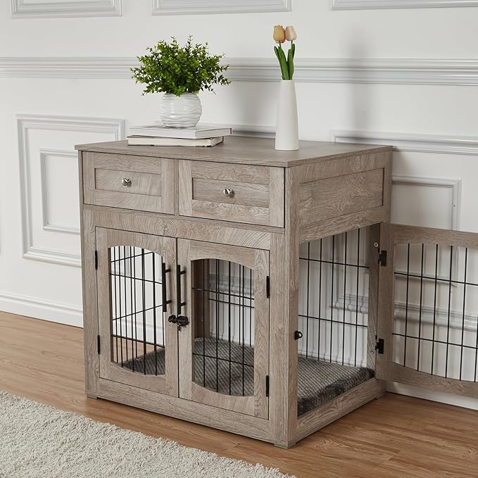Dog Crate Furniture for Medium Dogs, Wooden Dog Kennel Indoor with Double Doors, Dog Cage with Cushion &amp; Drawers, Dog House Side End Table for Small Medium Dogs up to 45 lb, 31.5” L, Grey