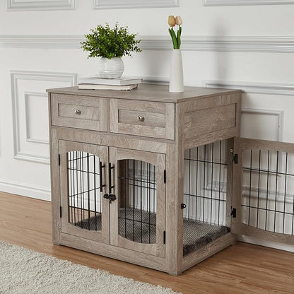 Dog Crate Furniture for Medium Dogs, Wooden Dog Kennel Indoor with Double Doors, Dog Cage with Cushion &amp; Drawers, Dog House Side End Table for Small Medium Dogs up to 45 lb, 31.5” L, Grey