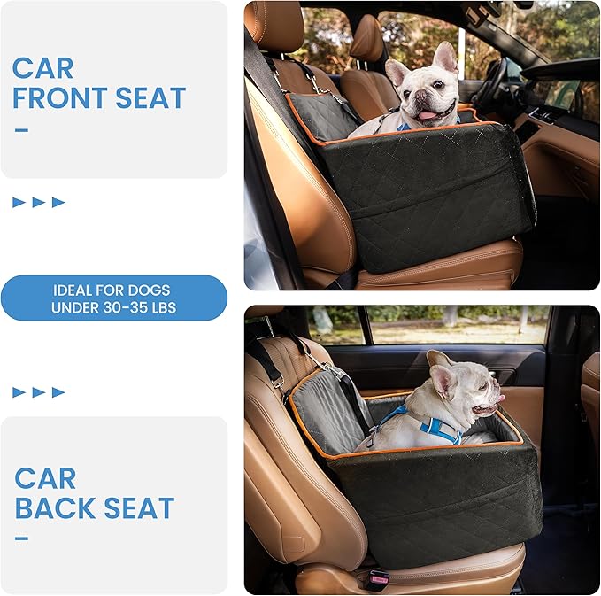 Dog Car Seat for Small Dogs - Puppy Car Seat with Safety Strap &amp; Waterproof Padding, Portable Pet Carrier for Cars, Trucks &amp; SUVs, Comfortable Elevated Bed for Pets Up to 35lbs (Black/Grey)