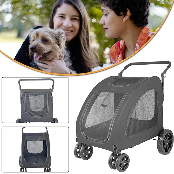 Extra Large Dog Stroller for Medium &amp; Large Pets - Foldable Design, Adjustable Handle, Up to 130 lbs(Black)