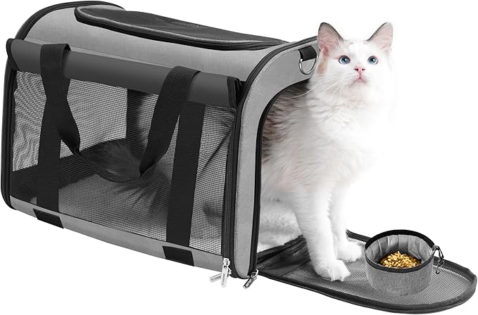 TWDEPART Cat Carrier Backpack - Multifunctional, Firm &amp; Foldable with Roll-Up Shade, Breathable Design Includes Collapsible Bowl &amp; Cushion (Grey)