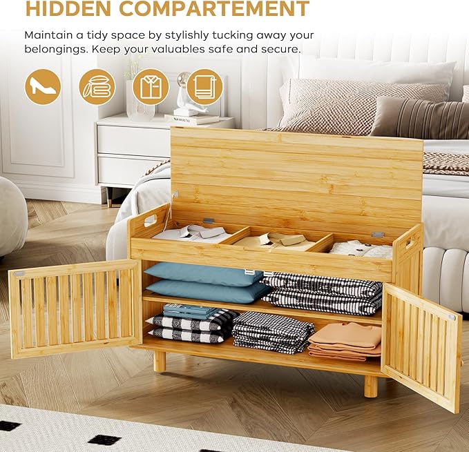 Shoe Storage Bench, Bamboo Entryway Bench with 2 Doors &amp; Padded Seat Cushion, 35.4" W x 12.6" D x 19.7" H, 2-Tier Shoe Rack with Lift Top Hidden Storage, for Entryway, Living Room, Bedroom, Natural