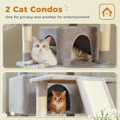 81 Inches Tall Cat Tree for Indoor Cats Large Adult - Heavy Duty Multi-Level Cat Tower with Large Metal Frame Hammock, Scratching Pad, 2 Top Perches, 2 Cozy Condos &amp; 6 Scratching Posts - Gray