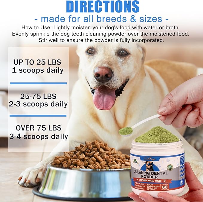 Dog Teeth Cleaning Powder, Dog Dental Powder and Breath Freshener, Plaque Off Pet Tooth Cleaning lab co, Bad Breath &amp; Tartar Remover for Dogs, Natural Herbal Blend - All Breeds &amp; Sizes
