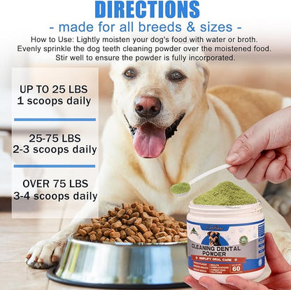 Dog Teeth Cleaning Powder, Dog Dental Powder and Breath Freshener, Plaque Off Pet Tooth Cleaning lab co, Bad Breath &amp; Tartar Remover for Dogs, Natural Herbal Blend - All Breeds &amp; Sizes
