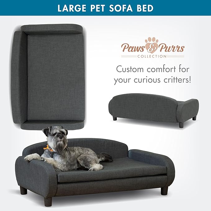 Paws &amp; Purrs Multi-Cat Sofa Bed – 41.5″ Wide Elevated Pet Couch with 3″ Foam Mattress, Removable Machine-Washable Cover – Stylish Indoor Pet Furniture for Two or More Cats and Dogs, Gray