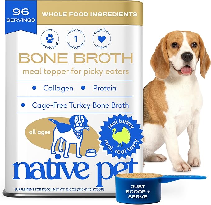 Native Pet Bone Broth for Dogs and Cats - Turkey Bone Broth Powder Dog Food Toppers for Picky Eaters - Provides Extra Nutrition for Joint Strength, Immune Support &amp; Heart Health - 96 Scoops
