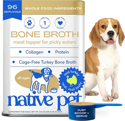 Native Pet Bone Broth for Dogs and Cats - Turkey Bone Broth Powder Dog Food Toppers for Picky Eaters - Provides Extra Nutrition for Joint Strength, Immune Support &amp; Heart Health - 96 Scoops