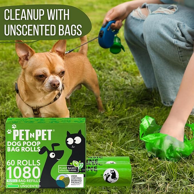 Pet N Pet 1080 Counts Green Poop Bags for Dogs, 41% Plant Based &amp; 59% PE Extra Thick Dog Poop Bags Rolls, 9" x 13", Unscented Pet Waste Bag