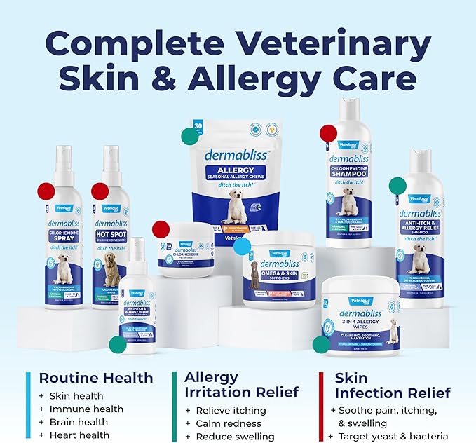 Vetnique Dermabliss 3-in-1 Medicated Dog Wipes - Relief for Itchy Skin, Allergies &amp; Odor Control, Gentle No-Sting Formula, Antihistamine &amp; Hydrocortisone Paw Wipes for Dogs &amp; Cats 50 Count