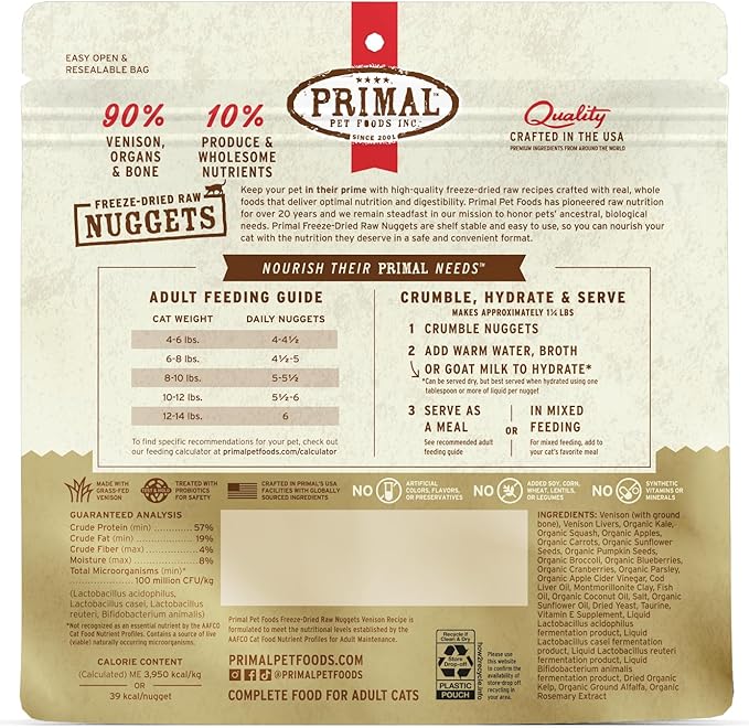 Primal Freeze Dried Raw Cat Food Nuggets Venison, Complete &amp; Balanced Meal or Topper, Premium, Healthy, Grain Free, High Protein Raw Cat Food with Probiotics (5.5 oz)