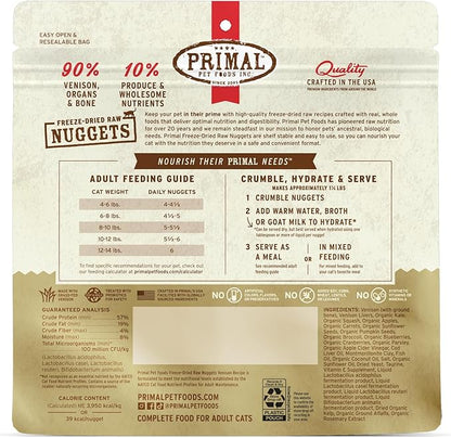 Primal Freeze Dried Raw Cat Food Nuggets Venison, Complete &amp; Balanced Meal or Topper, Premium, Healthy, Grain Free, High Protein Raw Cat Food with Probiotics (5.5 oz)
