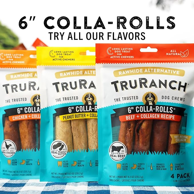 Collagen Rolls - 6" Collagen Rolls for Dogs - Long Lasting Healthy Joint Support Dog Treat - Rawhide Alternative - Skin &amp; Coat Health - Made with Real Peanut Butter, 1 Bag, 4 Count