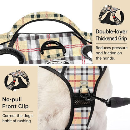 IVY&amp;LANE No Pull Dog Harness with Leash Set, Reflective No Choke Pet Vest,Adjustable Oxford Dog Vest Harness with Easy Control Handle for Medium Lagre Dogs (Checkered Beige,M)