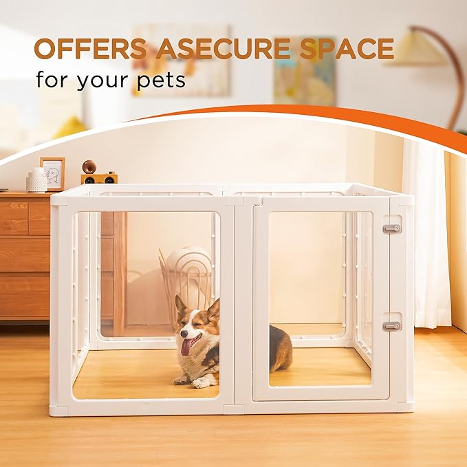 Citylife Clear Acrylic Plastic Dog Playpen Indoor,for Puppy Cat Rabbit Ferret Transparent Pet Pen,Easy Assemble Whelping Crate Kennel Cage Enclosure for Small &amp; Medium Dogs 8 Panels