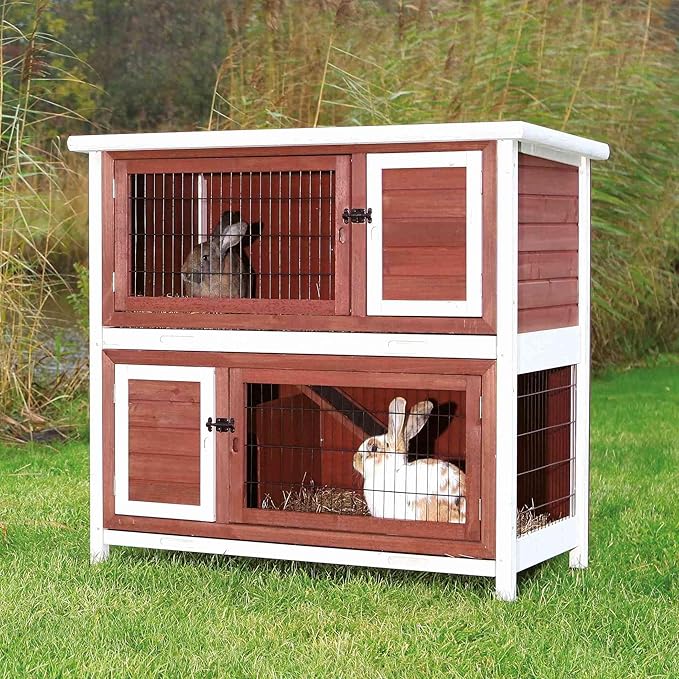 TRIXIE natura Outdoor Double Rabbit Hutch - Indoor Small Animal House, Bunny Cage with Two Sleeping &amp; Play Areas - Includes a Non-Slip Ramp Hinged Roof &amp; Two Pull-Out Trays - in Auburn