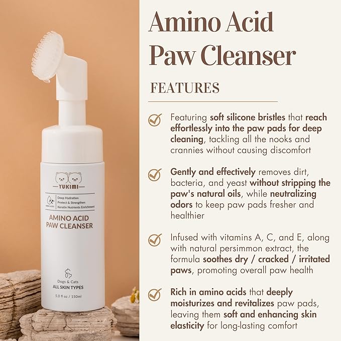 YUKIMI Premium Amino Acid Paw Cleanser with Silicone Bristle Brush for Dogs &amp; Cats | Dermatologist Certified Hypoallergenic | Hydrating, Soothing, Deodorizing, Moisturizing | pH Balanced - 5.0 Fl Oz