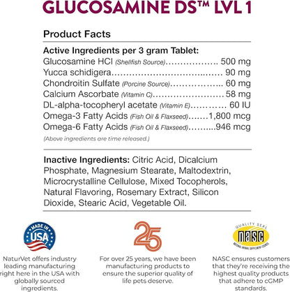 NaturVet Glucosamine DS Level 1 Maintenance Care Hip &amp; Joint Support Pet Supplement for Dogs &amp; Cats –Glucosamine, Chondroitin, Antioxidants –Supports Cartilage, Joint Function – 60 Ct.