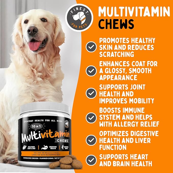 Multivitamin Dog Supplement – 10 in 1 with Omega Fish Oil &amp; Glucosamine for Improved Joint &amp; Skin Support, Gut, Digestion &amp; Immune Everyday Health (120 Chewable Treats)