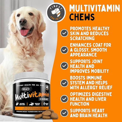 Multivitamin Dog Supplement – 10 in 1 with Omega Fish Oil &amp; Glucosamine for Improved Joint &amp; Skin Support, Gut, Digestion &amp; Immune Everyday Health (120 Chewable Treats)