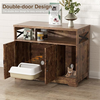 Cat Litter Box Enclosure, Hidden Litter Box Furniture with Scratch Pad, Farmhouse Indoor Cat House Washroom End Table, Rustic Brown