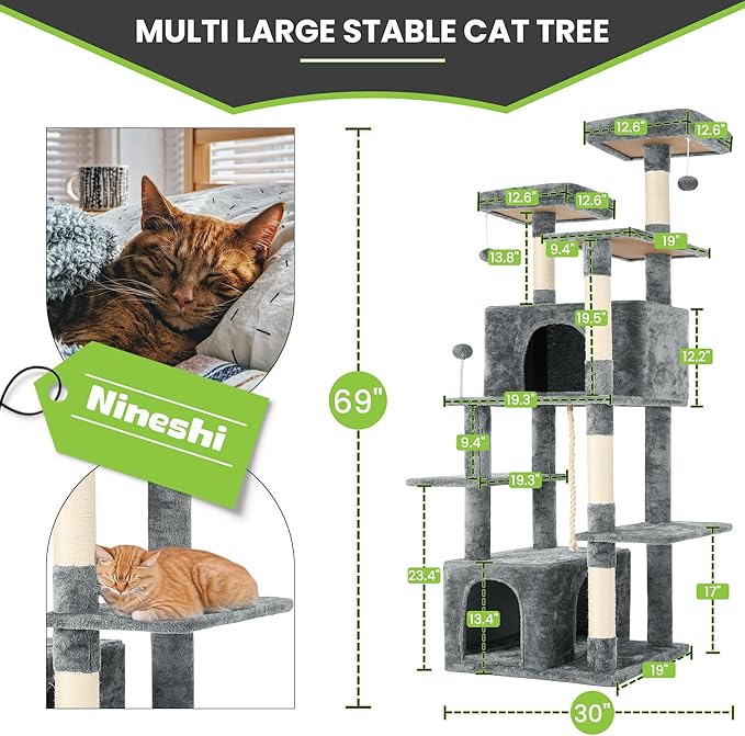 69in Large Cat Tree Tower for Indoor Cats with Soft Plush Hang Ball, Two Condos, Sisal Scratch Posts &amp; Rope Play for Kittens/Adult Cats, Grey
