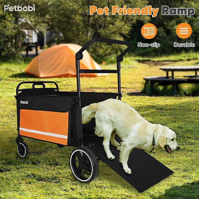 Petbobi Dog Wagon Stroller for Large &amp; Medium Dogs - 2-in-1 Push-Pull Pet Stroller with Ramp, Foldable All Terrain Wagon Cart, One-Step Brake, Suitable for Outdoor Walks &amp; Camping, Orange