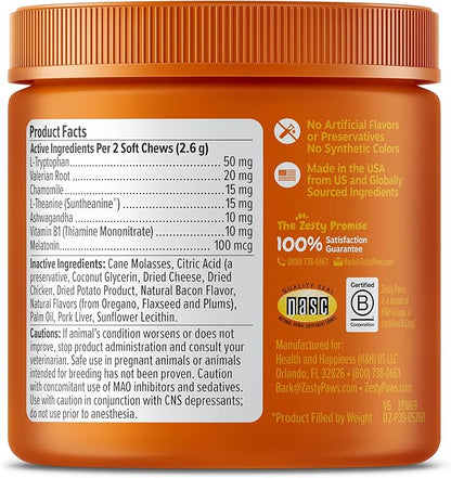 Zesty Paws Calming Chews for Cats - Composure &amp; Relaxation for Everyday Stress &amp; Separation - with Ashwagandha, Organic Chamomile, L-Theanine &amp; L-Tryptophan – Bacon - 60 Count - Cat