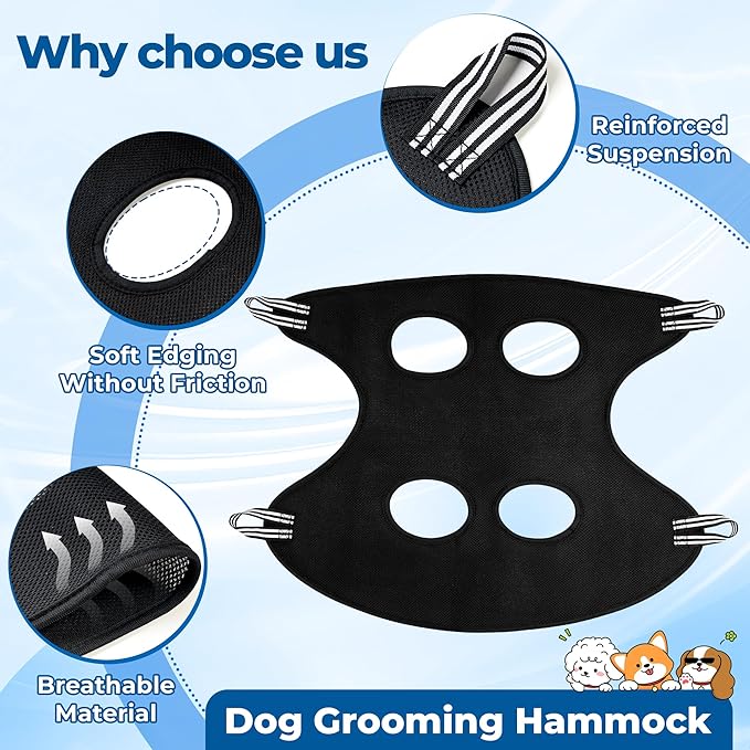 Pet Grooming Hammock for Cats &amp; Dogs, Breathable Mesh Dog Hanging Harness for Nail Trimming, Grooming, Bathing Includes S Hooks, Comfortable Dog Grooming Harness (Black)
