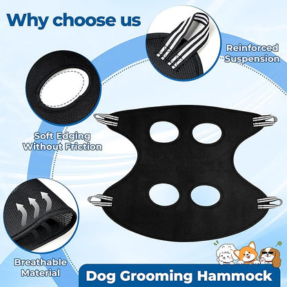 Pet Grooming Hammock for Cats &amp; Dogs, Breathable Mesh Dog Hanging Harness for Nail Trimming, Grooming, Bathing Includes S Hooks, Comfortable Dog Grooming Harness (Black)