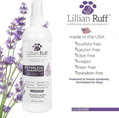 Lillian Ruff Waterless No-Rinse Dog Dry Shampoo Spray with Hydrating Essential Oils - pH-Balanced Dry Shampoo for Dogs - Clean, Condition, Detangle &amp; Deodorize Dry, Sensitive Skin (Lavender)