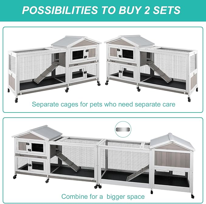 2-Tier Rabbit Hutch with Wheels, Indoor &amp; Outdoor Small Animal Cage with Deep Pull-Out Tray, Anti-Chew Frame, Habitat for Bunny, Guinea Pig, Chinchilla (60" L x 19" W x 35" H)