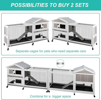 2-Tier Rabbit Hutch with Wheels, Indoor &amp; Outdoor Small Animal Cage with Deep Pull-Out Tray, Anti-Chew Frame, Habitat for Bunny, Guinea Pig, Chinchilla (60" L x 19" W x 35" H)