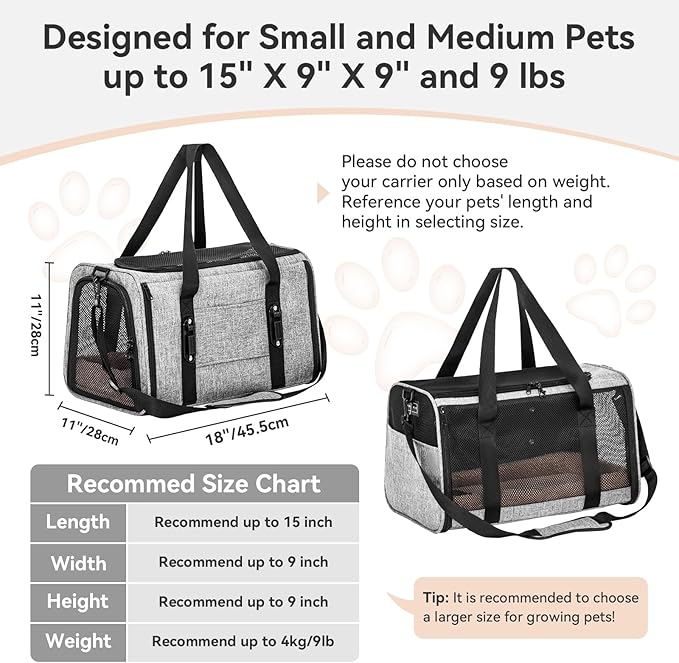 PETSFIT Soft-Sided Cat Carriers &amp; Car Seats with Patent Safe Buckles, Clip-On Harness，18"x11"x11" Airline Approved Pet Carrier - 9 lbs Capacity,Grey