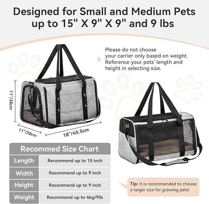 PETSFIT Soft-Sided Cat Carriers &amp; Car Seats with Patent Safe Buckles, Clip-On Harness，18"x11"x11" Airline Approved Pet Carrier - 9 lbs Capacity,Grey
