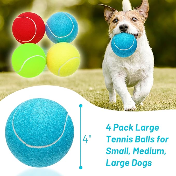 Large Dog Tennis Balls, 4 inch Interactive Big Dog Toy Ball for Small Medium Large Dogs, 4-Pack Dog Toys for Outdoor/Indoor Sports, Fetch, Training &amp; Play